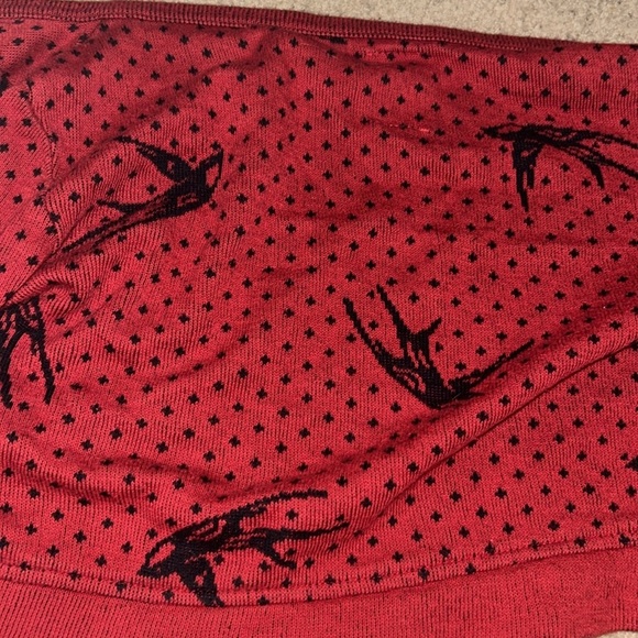 100% cotton Red Cropped Vintage Cardigan with Black Bird and Dot Print - Picture 8 of 8